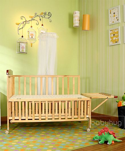 Babyhug Hamilton Wooden Cot with Mosquito Net & Storage Space - Natural Finish| Adjustable Height| Wheels with Lock| Openable Side Rail| Openable Headboard| New Zealand Pinewood