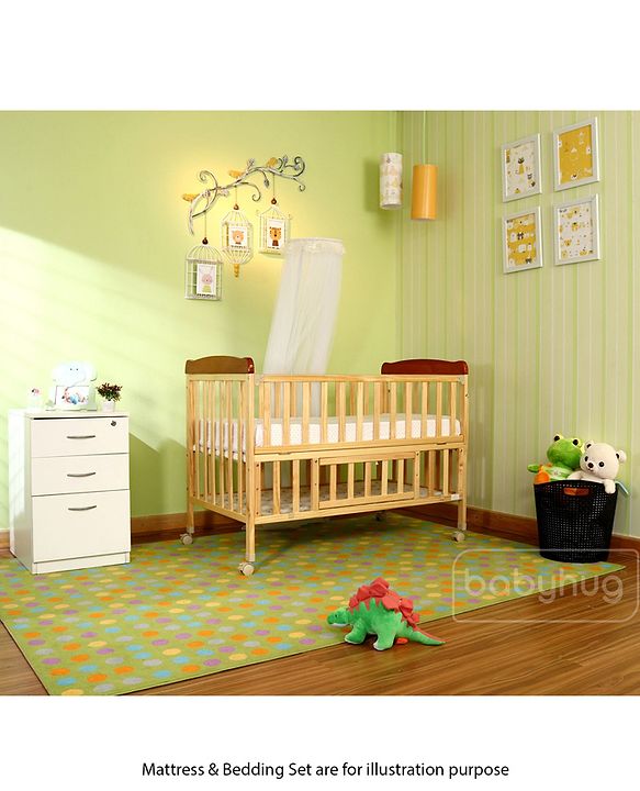 Babyhug Hamilton Wooden Cot with Mosquito Net & Storage Space - Natural Finish| Adjustable Height| Wheels with Lock| Openable Side Rail| Openable Headboard| New Zealand Pinewood