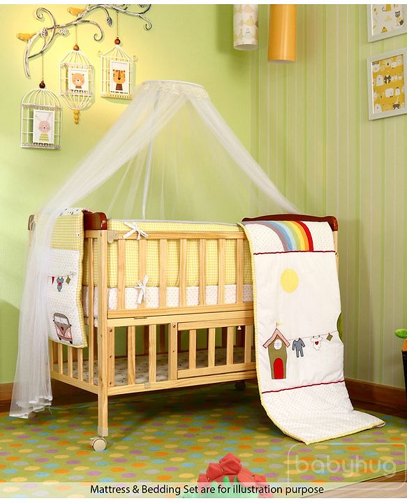 Babyhug Hamilton Wooden Cot with Mosquito Net & Storage Space - Natural Finish| Adjustable Height| Wheels with Lock| Openable Side Rail| Openable Headboard| New Zealand Pinewood
