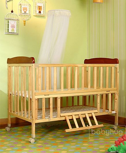 Babyhug Hamilton Wooden Cot with Mosquito Net & Storage Space - Natural Finish| Adjustable Height| Wheels with Lock| Openable Side Rail| Openable Headboard| New Zealand Pinewood