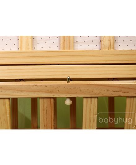 Babyhug Hamilton Wooden Cot with Mosquito Net & Storage Space - Natural Finish| Adjustable Height| Wheels with Lock| Openable Side Rail| Openable Headboard| New Zealand Pinewood