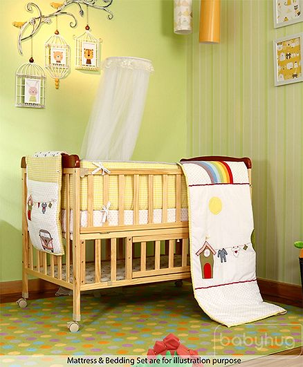 Babyhug Hamilton Wooden Cot with Mosquito Net & Storage Space - Natural Finish| Adjustable Height| Wheels with Lock| Openable Side Rail| Openable Headboard| New Zealand Pinewood