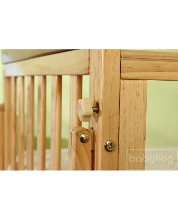 Babyhug Hamilton Wooden Cot with Mosquito Net & Storage Space - Natural Finish| Adjustable Height| Wheels with Lock| Openable Side Rail| Openable Headboard| New Zealand Pinewood