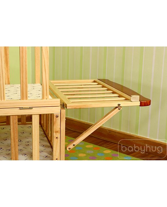 Babyhug Hamilton Wooden Cot with Mosquito Net & Storage Space - Natural Finish| Adjustable Height| Wheels with Lock| Openable Side Rail| Openable Headboard| New Zealand Pinewood