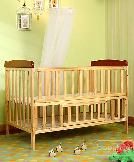 Babyhug Hamilton Wooden Cot with Mosquito Net & Storage Space - Natural Finish| Adjustable Height| Wheels with Lock| Openable Side Rail| Openable Headboard| New Zealand Pinewood
