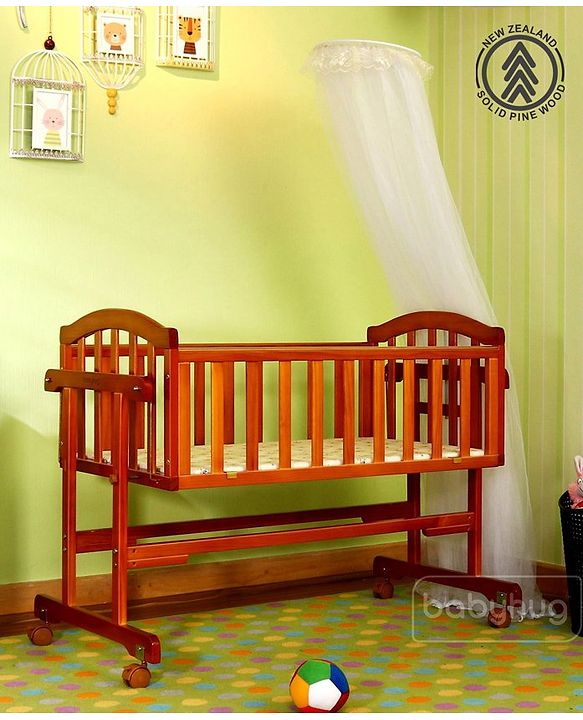 Babyhug Ionia Wooden Cradle with Mosquito Net - Cherry| Swing Lock| Wheels with Lock| Balanced Swing| Easy to Assemble
