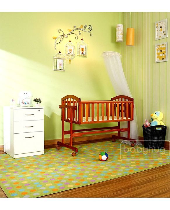 Babyhug Ionia Wooden Cradle with Mosquito Net - Cherry| Swing Lock| Wheels with Lock| Balanced Swing| Easy to Assemble