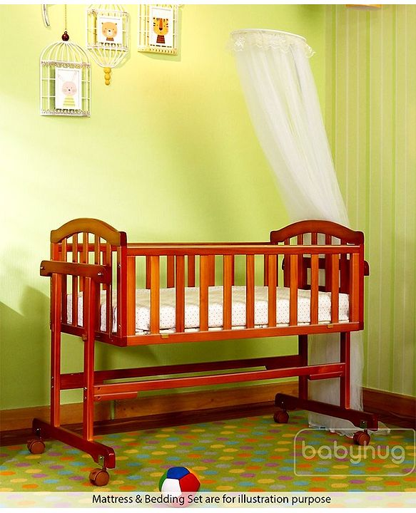 Babyhug Ionia Wooden Cradle with Mosquito Net - Cherry| Swing Lock| Wheels with Lock| Balanced Swing| Easy to Assemble