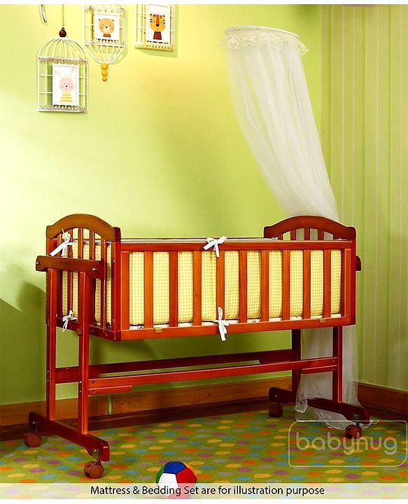 Babyhug Ionia Wooden Cradle with Mosquito Net - Cherry| Swing Lock| Wheels with Lock| Balanced Swing| Easy to Assemble