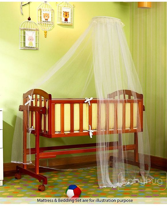 Babyhug Ionia Wooden Cradle with Mosquito Net - Cherry| Swing Lock| Wheels with Lock| Balanced Swing| Easy to Assemble