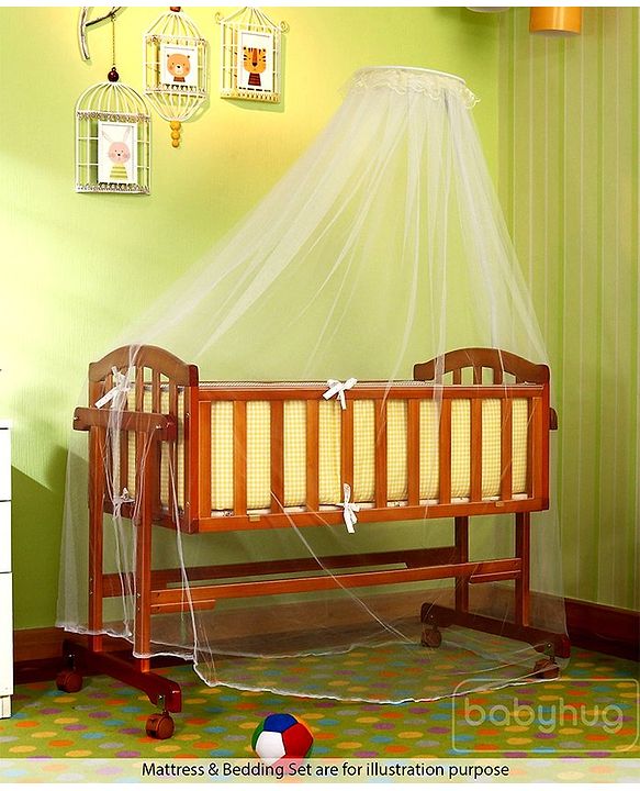 Babyhug Ionia Wooden Cradle with Mosquito Net - Cherry| Swing Lock| Wheels with Lock| Balanced Swing| Easy to Assemble