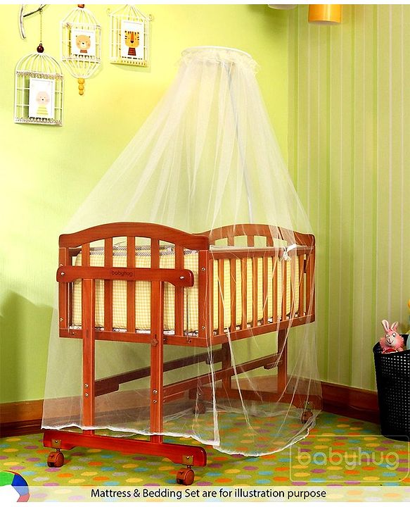 Babyhug Ionia Wooden Cradle with Mosquito Net - Cherry| Swing Lock| Wheels with Lock| Balanced Swing| Easy to Assemble