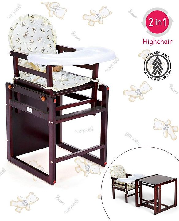Babyhug Verona 2 In 1 Wooden High Chair With Removable Cushioned Seat & 2 Point Safety Harness - Dark Brown