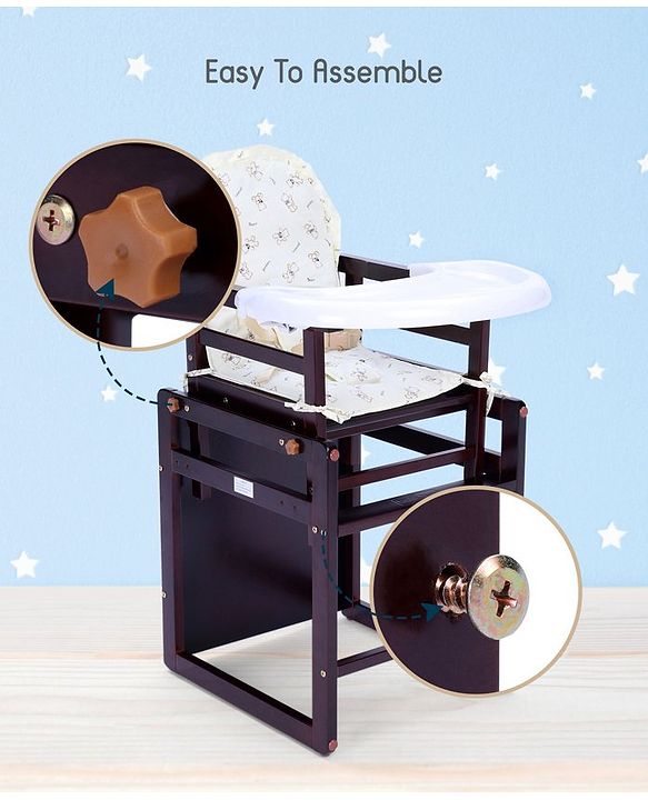 Babyhug Verona 2 In 1 Wooden High Chair With Removable Cushioned Seat & 2 Point Safety Harness - Dark Brown