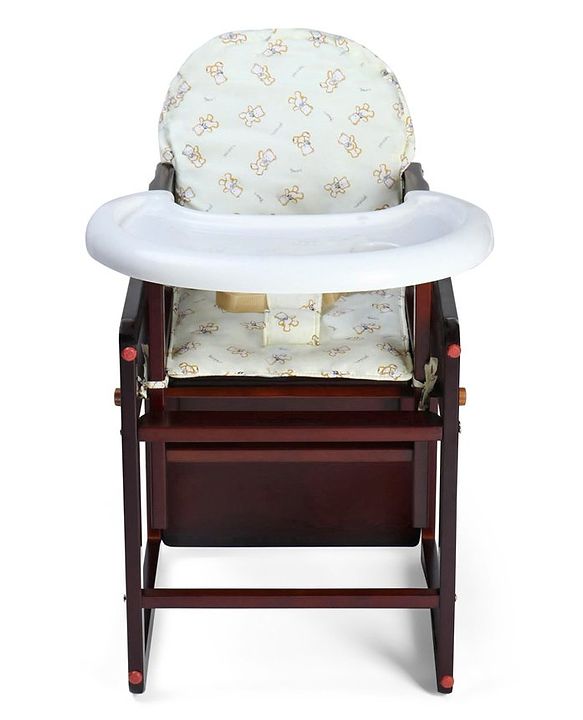 Babyhug Verona 2 In 1 Wooden High Chair With Removable Cushioned Seat & 2 Point Safety Harness - Dark Brown