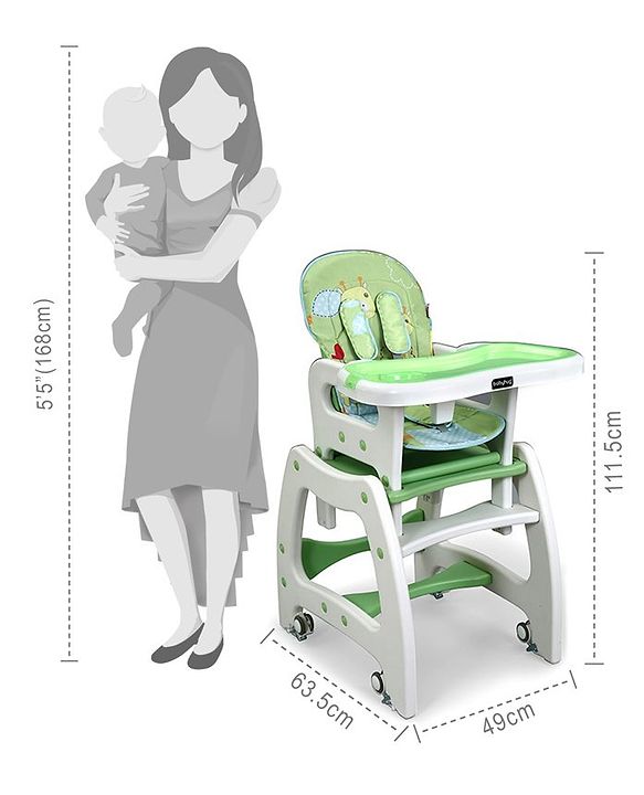 Babyhug Dolce Vita 3 in 1 High Chair With Caster Wheels & 5 Point Safety Harness - Green