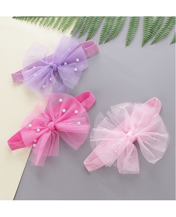 Babyhug Free Size Headbands With Bow Applique Pack of 3 - Pink & Purple