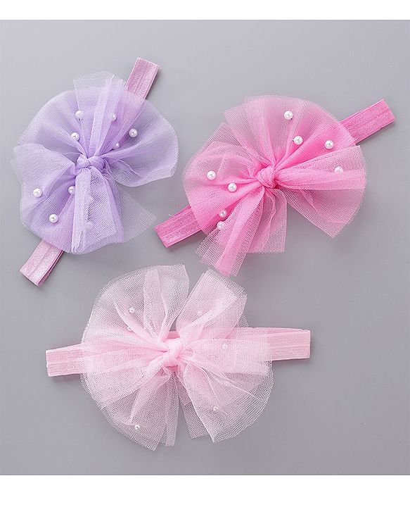 Babyhug Free Size Headbands With Bow Applique Pack of 3 - Pink & Purple