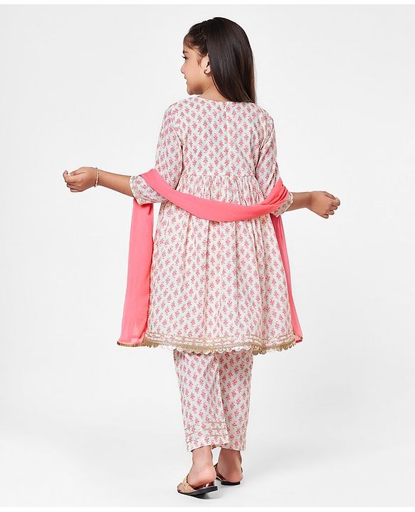 Babyhug Cambric Three Fourth Sleeves Kurti Palazzo and Dupatta Set Floral Paisley Print - Pink