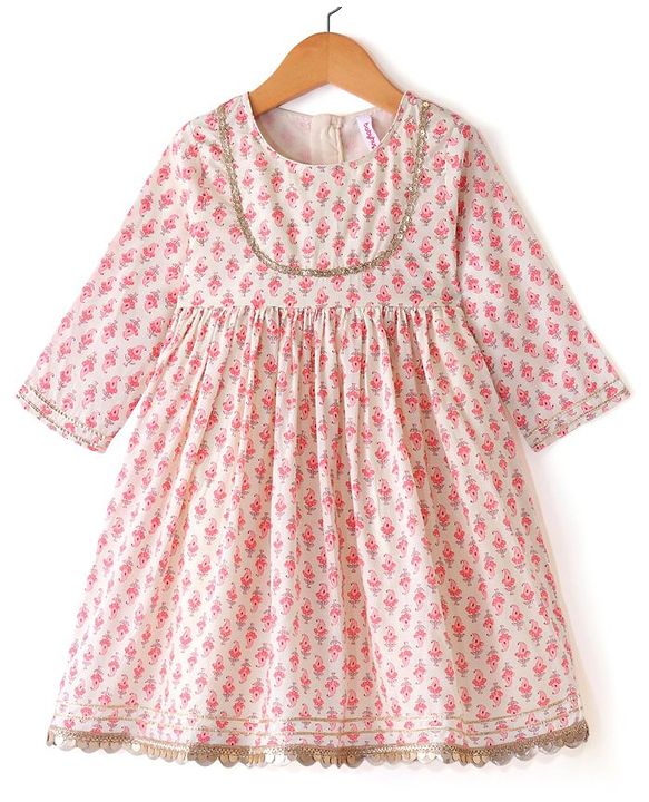 Babyhug Cambric Three Fourth Sleeves Kurti Palazzo and Dupatta Set Floral Paisley Print - Pink
