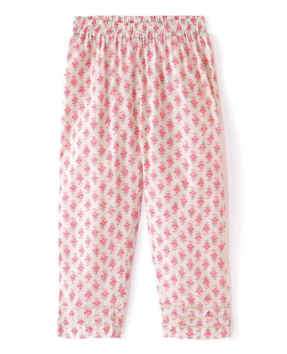 Babyhug Cambric Three Fourth Sleeves Kurti Palazzo and Dupatta Set Floral Paisley Print - Pink