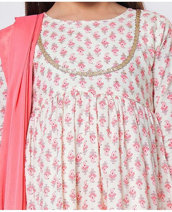 Babyhug Cambric Three Fourth Sleeves Kurti Palazzo and Dupatta Set Floral Paisley Print - Pink