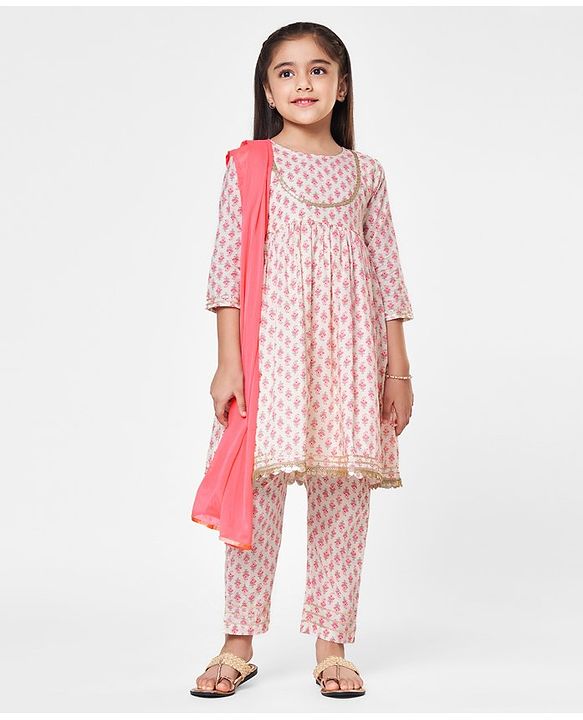 Babyhug Cambric Three Fourth Sleeves Kurti Palazzo and Dupatta Set Floral Paisley Print - Pink