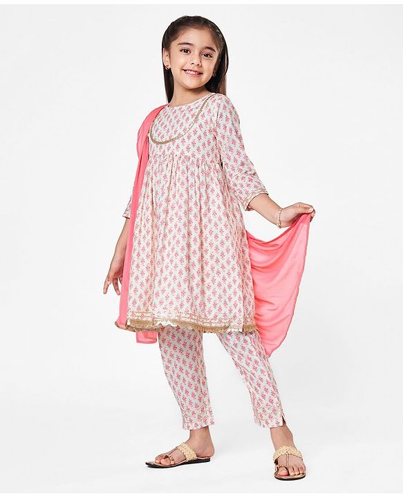 Babyhug Cambric Three Fourth Sleeves Kurti Palazzo and Dupatta Set Floral Paisley Print - Pink