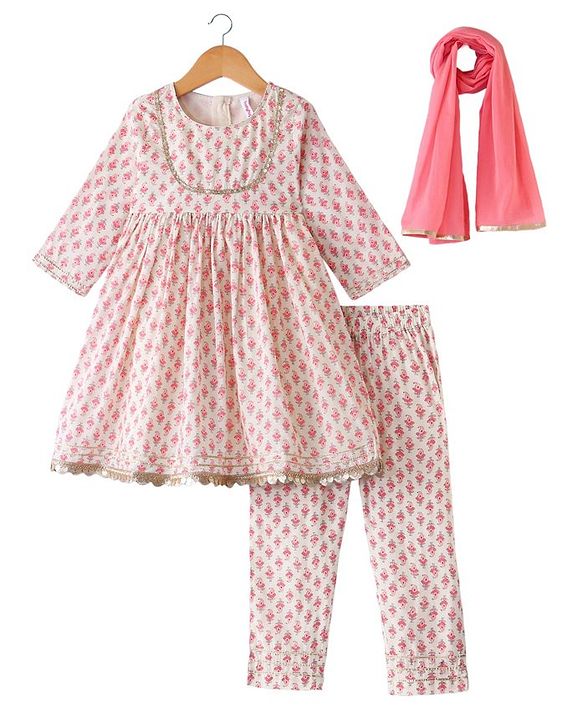 Babyhug Cambric Three Fourth Sleeves Kurti Palazzo and Dupatta Set Floral Paisley Print - Pink