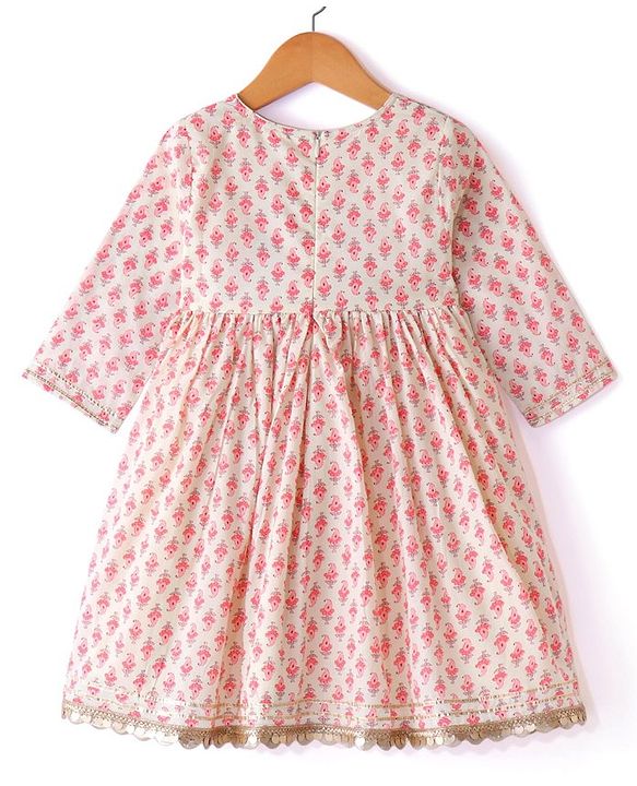 Babyhug Cambric Three Fourth Sleeves Kurti Palazzo and Dupatta Set Floral Paisley Print - Pink