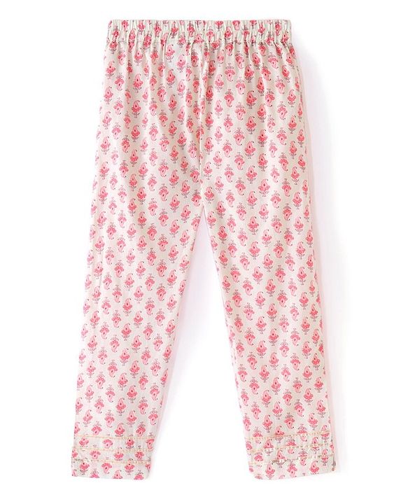 Babyhug Cambric Three Fourth Sleeves Kurti Palazzo and Dupatta Set Floral Paisley Print - Pink