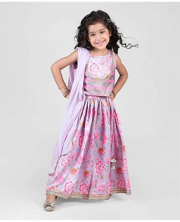 Babyhug Woven Sleeveless Choli  Lehenga and Dupatta Set Floral Print - Lavender