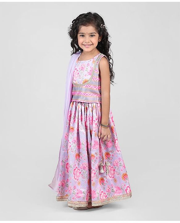 Babyhug Woven Sleeveless Choli  Lehenga and Dupatta Set Floral Print - Lavender