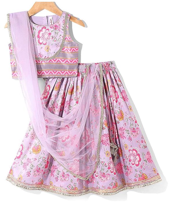Babyhug Woven Sleeveless Choli  Lehenga and Dupatta Set Floral Print - Lavender