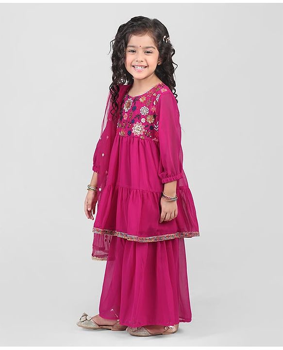 Babyhug Georgett Three Fourth Sleeves Floral Embroidered & Sequin Kurti and Palazzo Set with Dupatta - Hot Pink