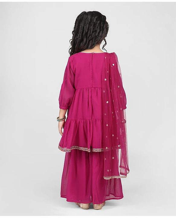 Babyhug Georgett Three Fourth Sleeves Floral Embroidered & Sequin Kurti and Palazzo Set with Dupatta - Hot Pink