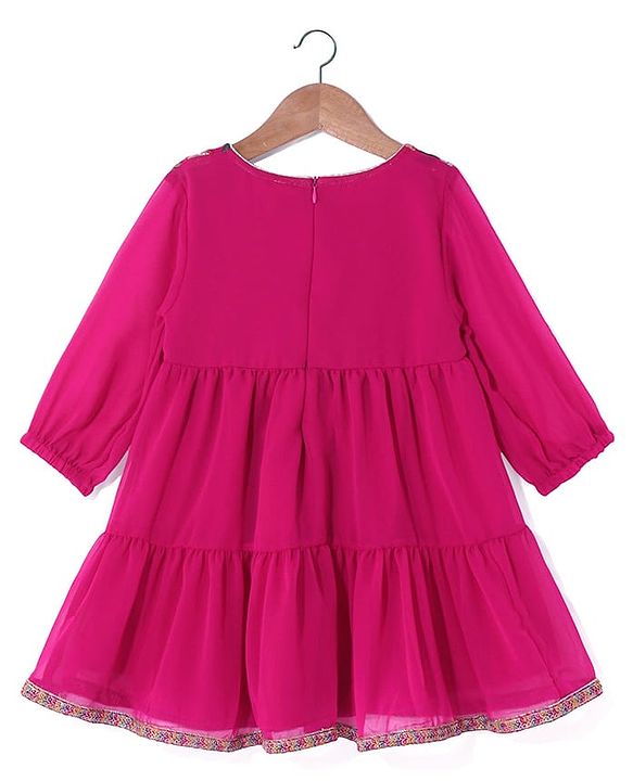 Babyhug Georgett Three Fourth Sleeves Floral Embroidered & Sequin Kurti and Palazzo Set with Dupatta - Hot Pink