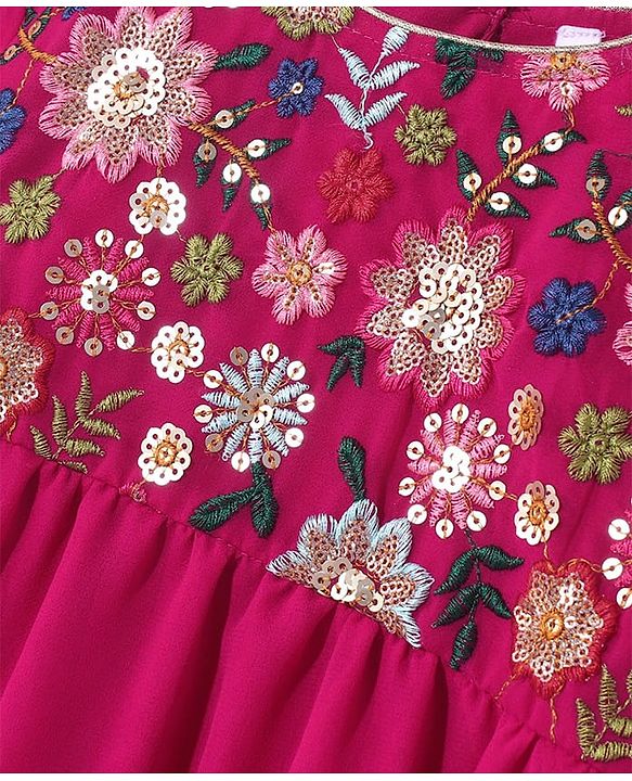 Babyhug Georgett Three Fourth Sleeves Floral Embroidered & Sequin Kurti and Palazzo Set with Dupatta - Hot Pink