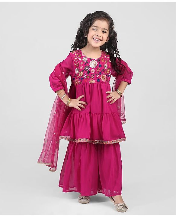 Babyhug Georgett Three Fourth Sleeves Floral Embroidered & Sequin Kurti and Palazzo Set with Dupatta - Hot Pink