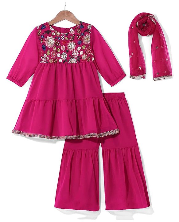 Babyhug Georgett Three Fourth Sleeves Floral Embroidered & Sequin Kurti and Palazzo Set with Dupatta - Hot Pink