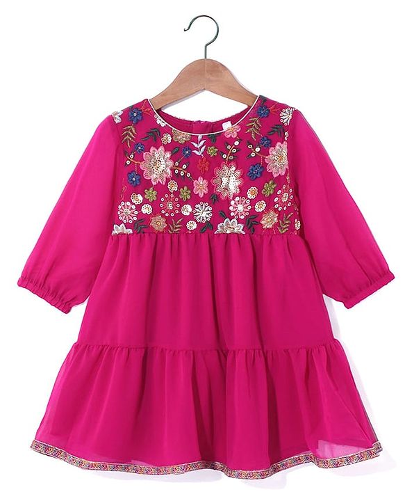 Babyhug Georgett Three Fourth Sleeves Floral Embroidered & Sequin Kurti and Palazzo Set with Dupatta - Hot Pink