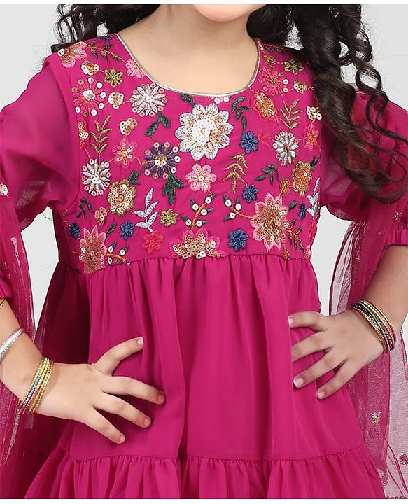 Babyhug Georgett Three Fourth Sleeves Floral Embroidered & Sequin Kurti and Palazzo Set with Dupatta - Hot Pink