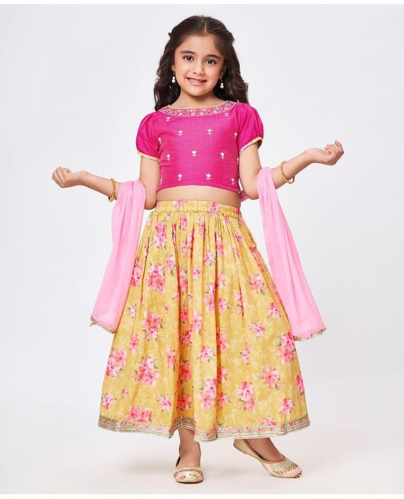 Babyhug Short Sleeves Embroidered Choli with Floral Print Lehenga and Dupatta Set- Yellow