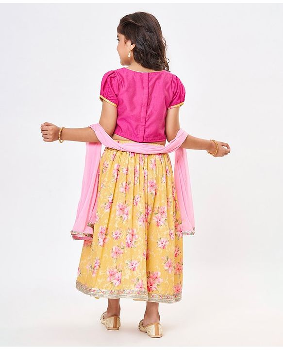 Babyhug Short Sleeves Embroidered Choli with Floral Print Lehenga and Dupatta Set- Yellow