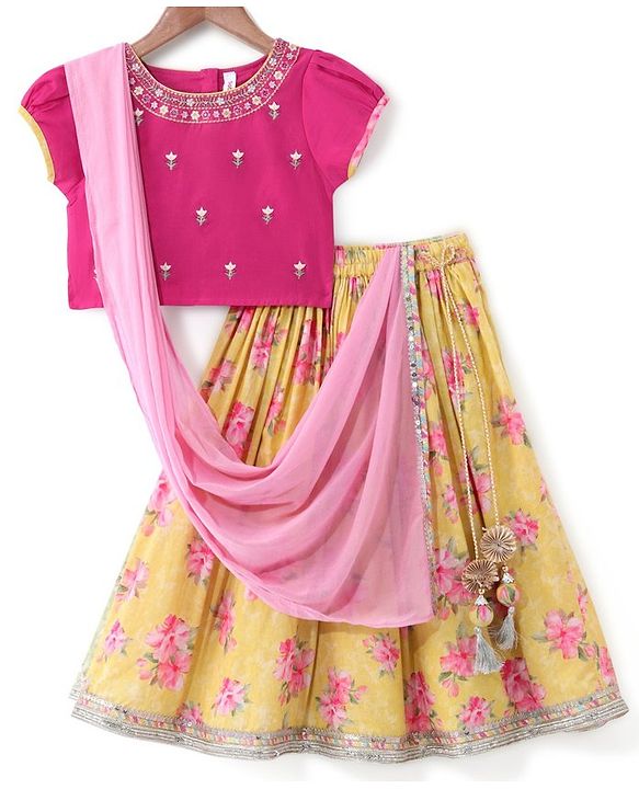 Babyhug Short Sleeves Embroidered Choli with Floral Print Lehenga and Dupatta Set- Yellow