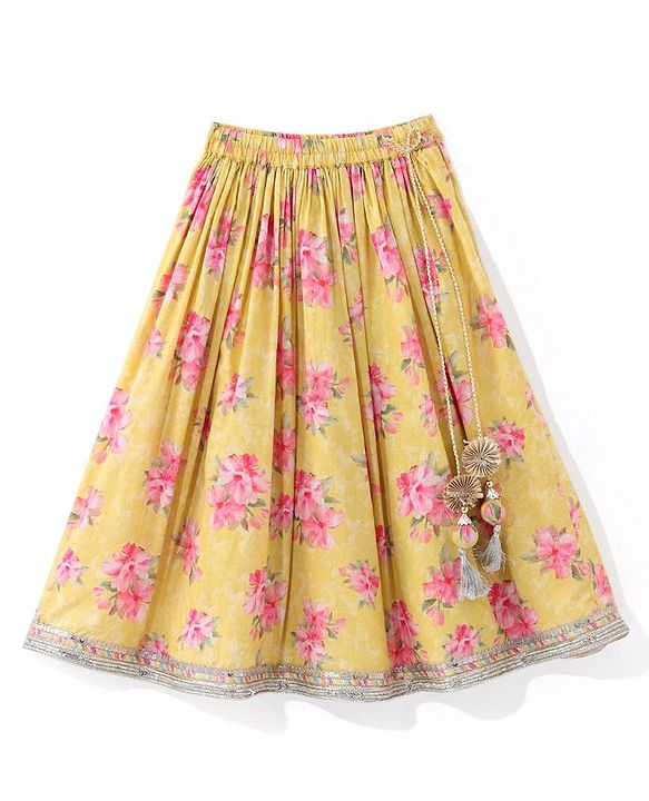 Babyhug Short Sleeves Embroidered Choli with Floral Print Lehenga and Dupatta Set- Yellow