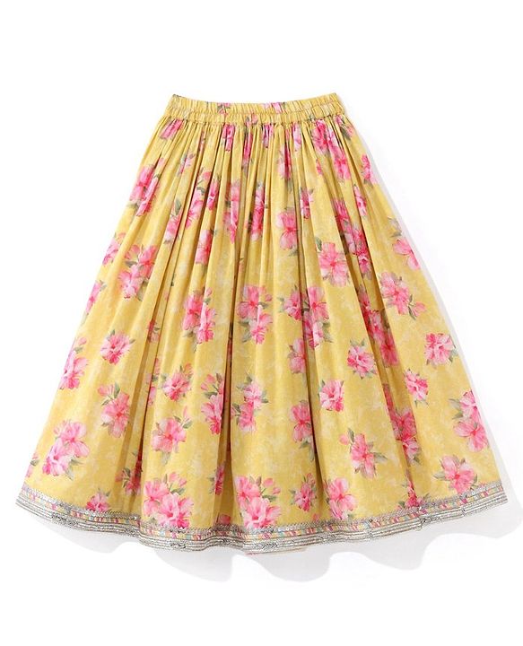 Babyhug Short Sleeves Embroidered Choli with Floral Print Lehenga and Dupatta Set- Yellow