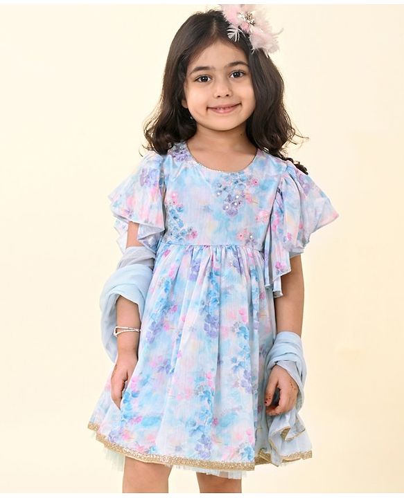 Babyhug Chiffon Woven Short Sleeves Ethnic Dress With Dupatta   Floral Print - Blue