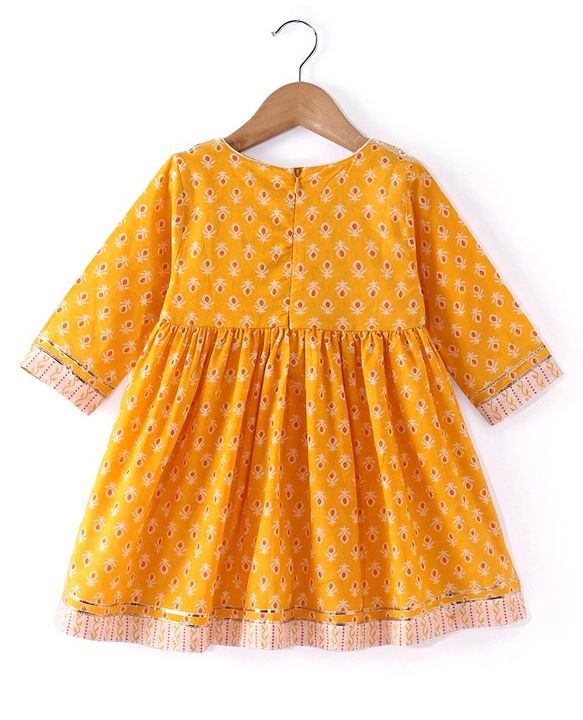 Babyhug Woven Three Fourth Sleeve Cambric Printed Kurti Palazzo and Dupatta Set - Yellow