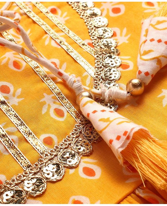 Babyhug Woven Three Fourth Sleeve Cambric Printed Kurti Palazzo and Dupatta Set - Yellow